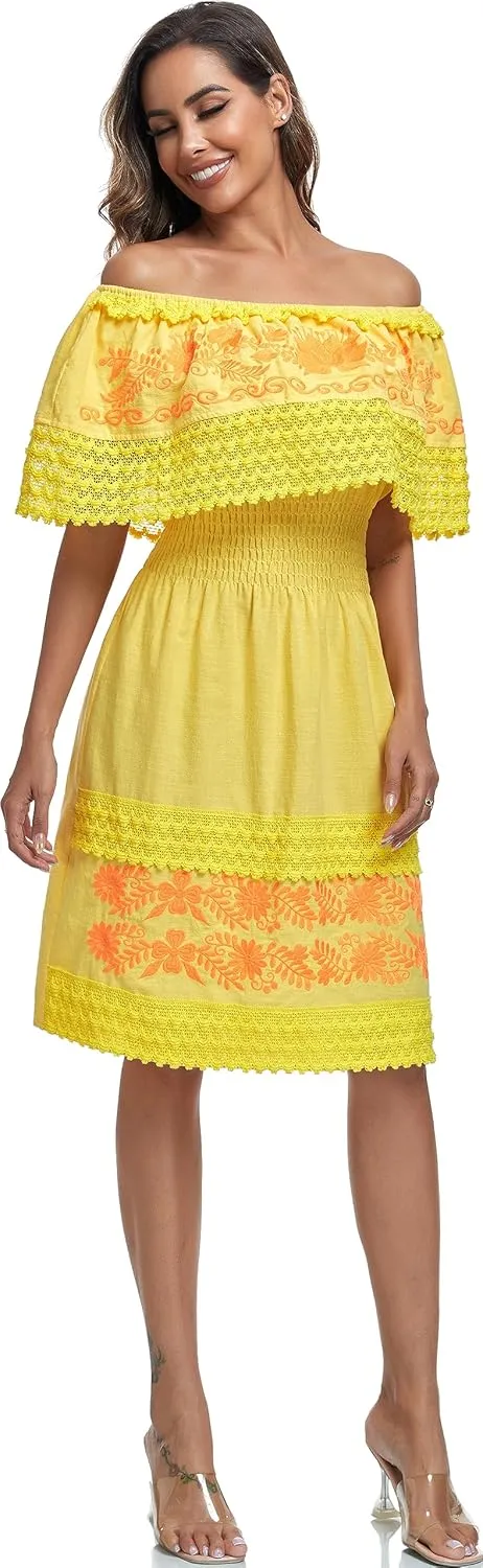 Women's 2024 Embroidered Summer Dress Lace Casual Ruffle Off-Shoulder Sleeveless Dress Boho Flowy Dress