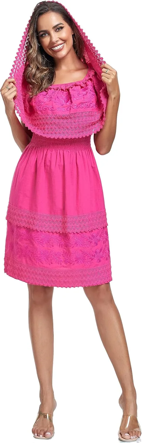 Women's 2024 Embroidered Summer Dress Lace Casual Ruffle Off-Shoulder Sleeveless Dress Boho Flowy Dress
