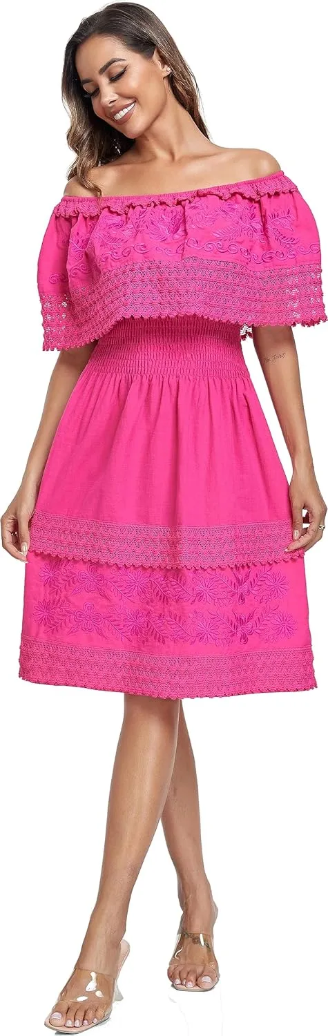 Women's 2024 Embroidered Summer Dress Lace Casual Ruffle Off-Shoulder Sleeveless Dress Boho Flowy Dress