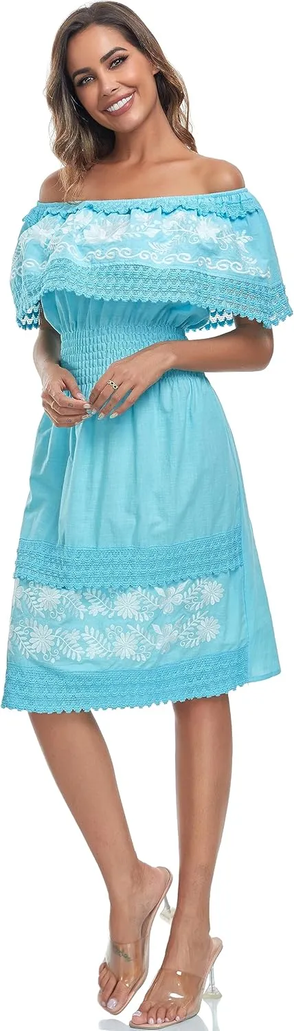 Women's 2024 Embroidered Summer Dress Lace Casual Ruffle Off-Shoulder Sleeveless Dress Boho Flowy Dress