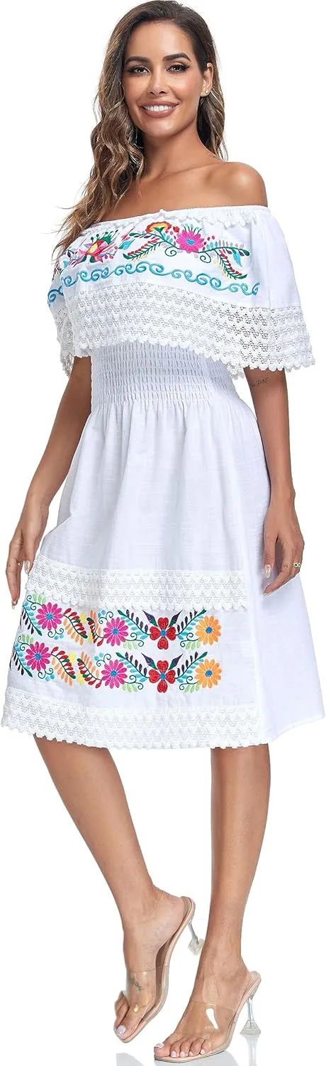 Women's 2024 Embroidered Summer Dress Lace Casual Ruffle Off-Shoulder Sleeveless Dress Boho Flowy Dress