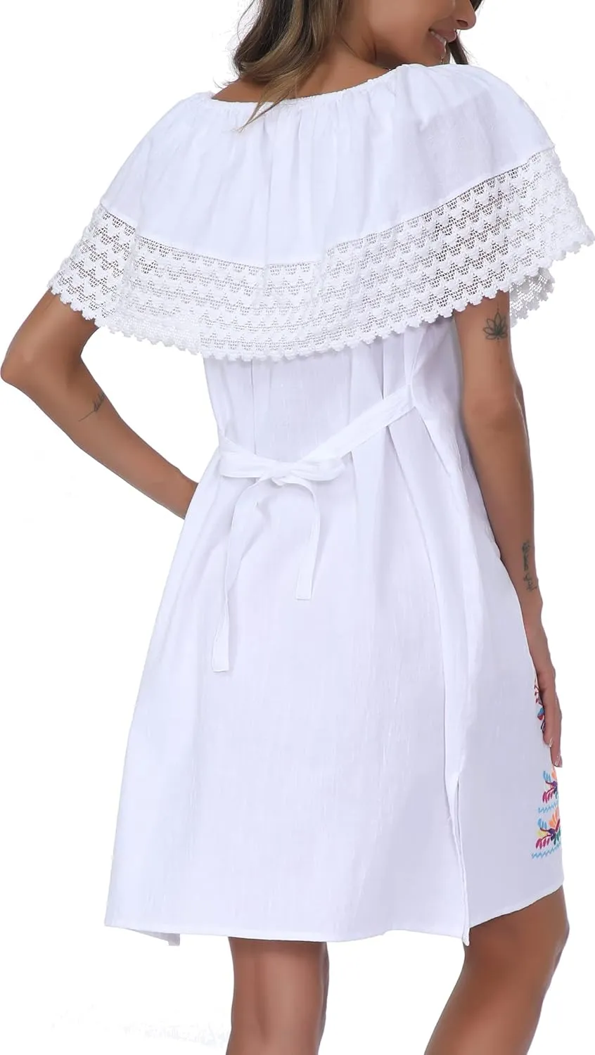 Women's 2024 Embroidered Summer Dress Lace Casual Ruffle Off-Shoulder Sleeveless Dress Boho Flowy Dress