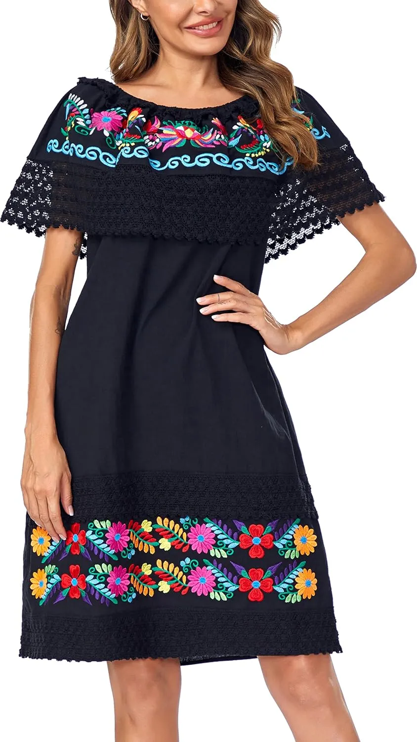 Women's 2024 Embroidered Summer Dress Lace Casual Ruffle Off-Shoulder Sleeveless Dress Boho Flowy Dress