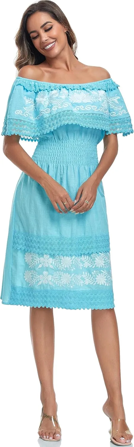 Women's 2024 Embroidered Summer Dress Lace Casual Ruffle Off-Shoulder Sleeveless Dress Boho Flowy Dress