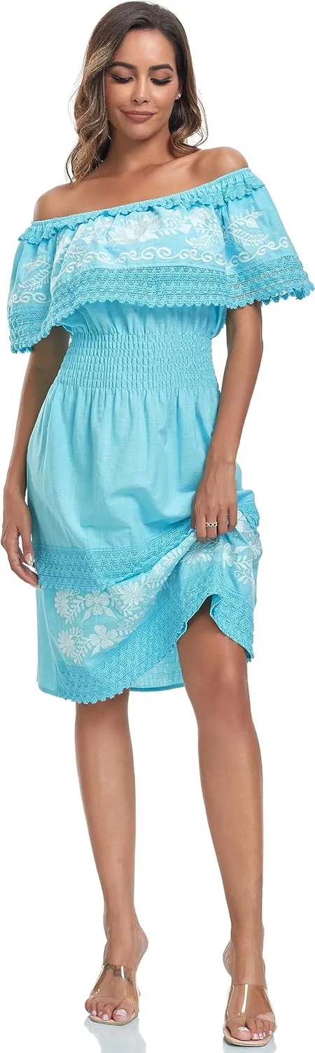 Women's 2024 Embroidered Summer Dress Lace Casual Ruffle Off-Shoulder Sleeveless Dress Boho Flowy Dress