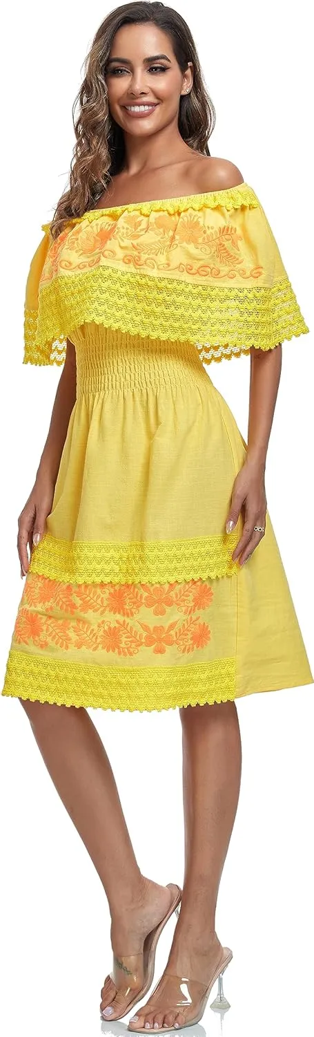 Women's 2024 Embroidered Summer Dress Lace Casual Ruffle Off-Shoulder Sleeveless Dress Boho Flowy Dress