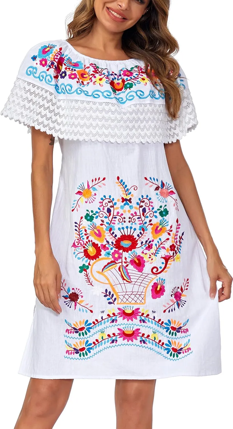 Women's 2024 Embroidered Summer Dress Lace Casual Ruffle Off-Shoulder Sleeveless Dress Boho Flowy Dress