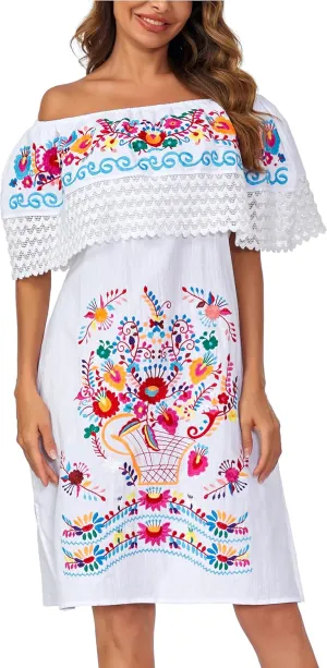 Women's 2024 Embroidered Summer Dress Lace Casual Ruffle Off-Shoulder Sleeveless Dress Boho Flowy Dress