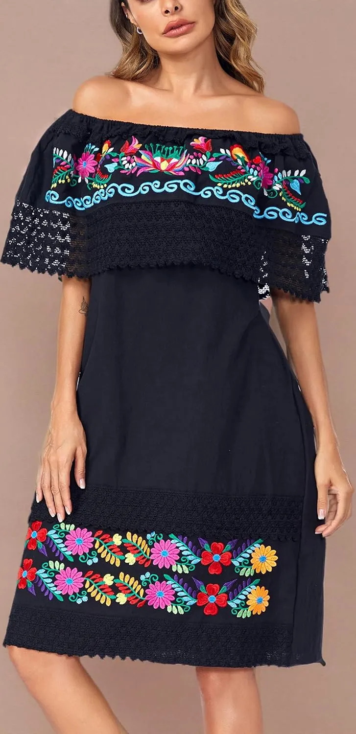 Women's 2024 Embroidered Summer Dress Lace Casual Ruffle Off-Shoulder Sleeveless Dress Boho Flowy Dress