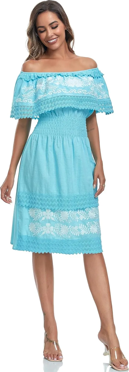 Women's 2024 Embroidered Summer Dress Lace Casual Ruffle Off-Shoulder Sleeveless Dress Boho Flowy Dress