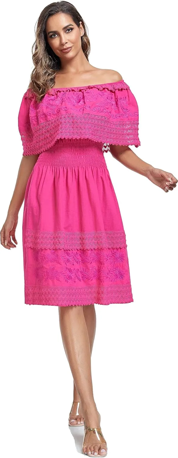 Women's 2024 Embroidered Summer Dress Lace Casual Ruffle Off-Shoulder Sleeveless Dress Boho Flowy Dress