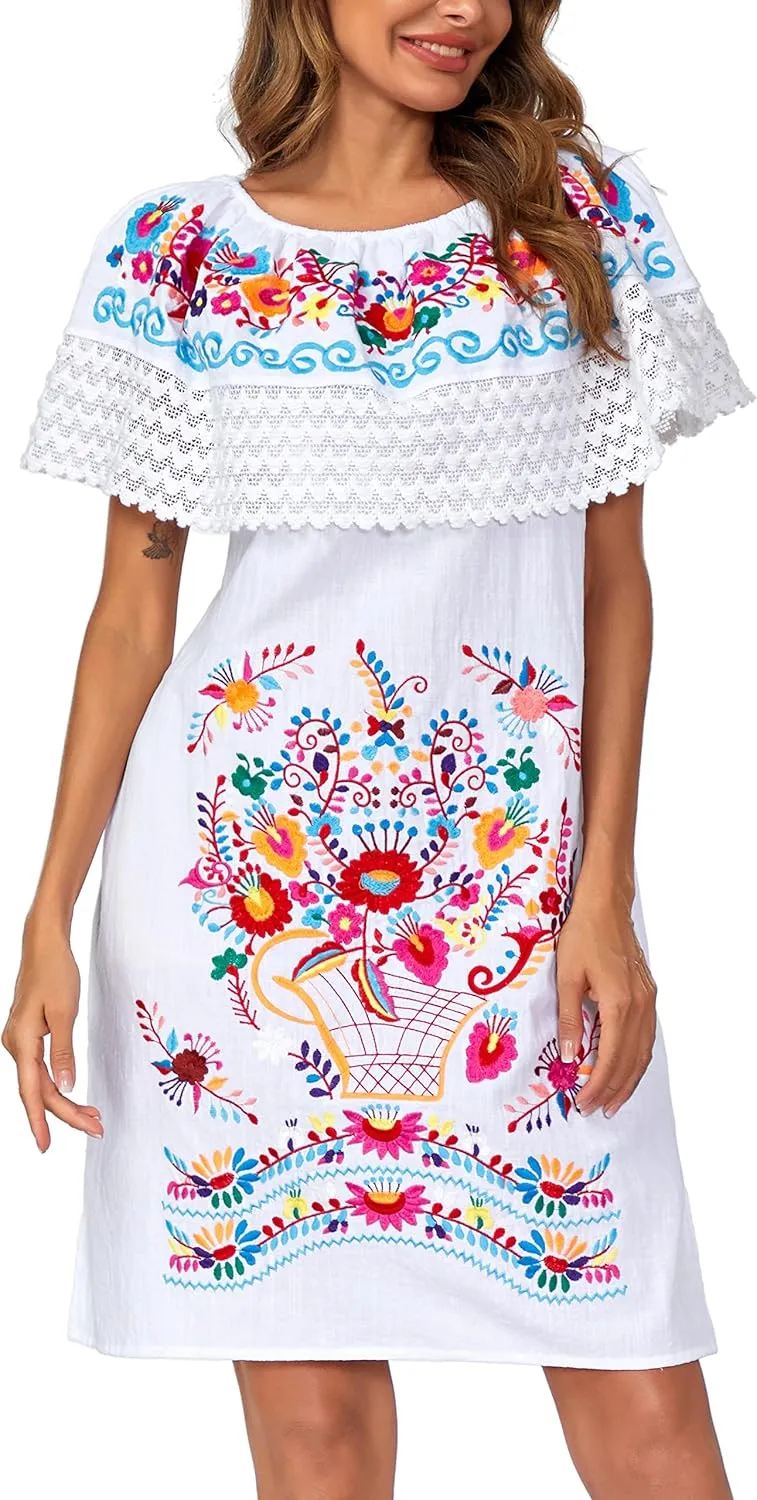 Women's 2024 Embroidered Summer Dress Lace Casual Ruffle Off-Shoulder Sleeveless Dress Boho Flowy Dress