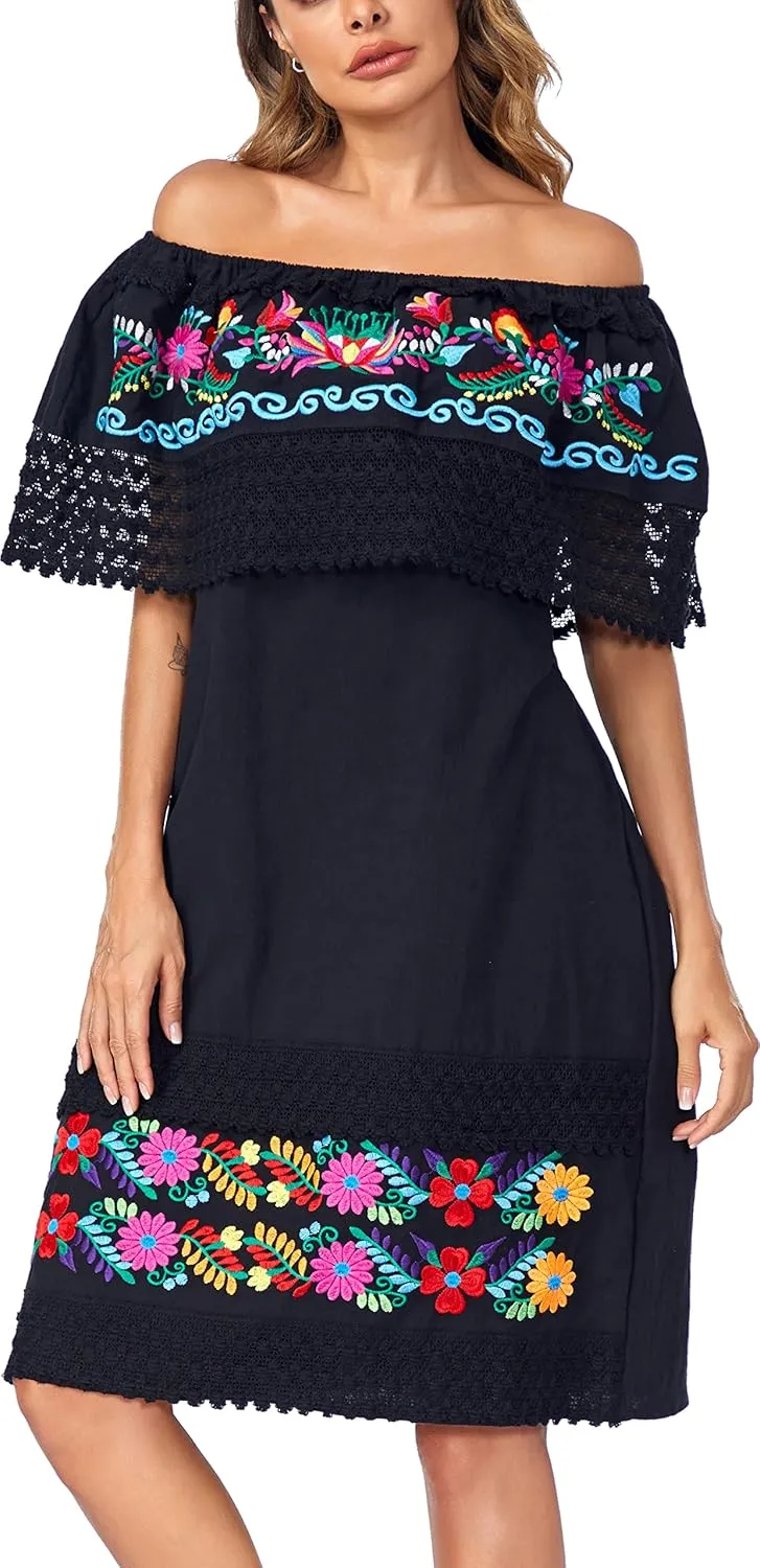 Women's 2024 Embroidered Summer Dress Lace Casual Ruffle Off-Shoulder Sleeveless Dress Boho Flowy Dress