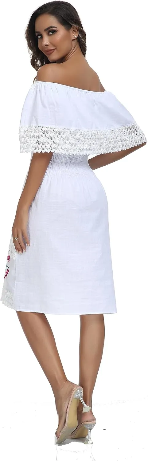Women's 2024 Embroidered Summer Dress Lace Casual Ruffle Off-Shoulder Sleeveless Dress Boho Flowy Dress
