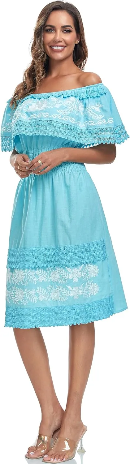 Women's 2024 Embroidered Summer Dress Lace Casual Ruffle Off-Shoulder Sleeveless Dress Boho Flowy Dress