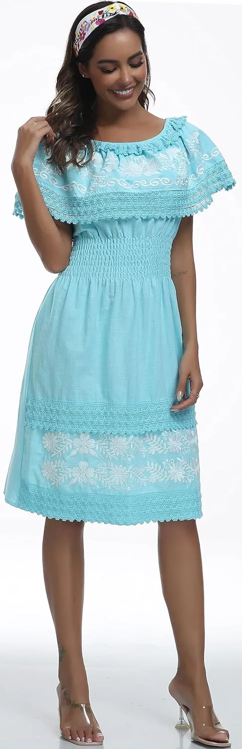 Women's 2024 Embroidered Summer Dress Lace Casual Ruffle Off-Shoulder Sleeveless Dress Boho Flowy Dress