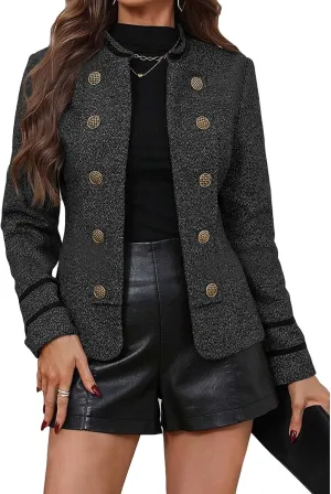 Women's 2025 Fall Winter Tweed Blazer Double Breasted Collarless Warm Elegant Crop Causal Work Office Jacket