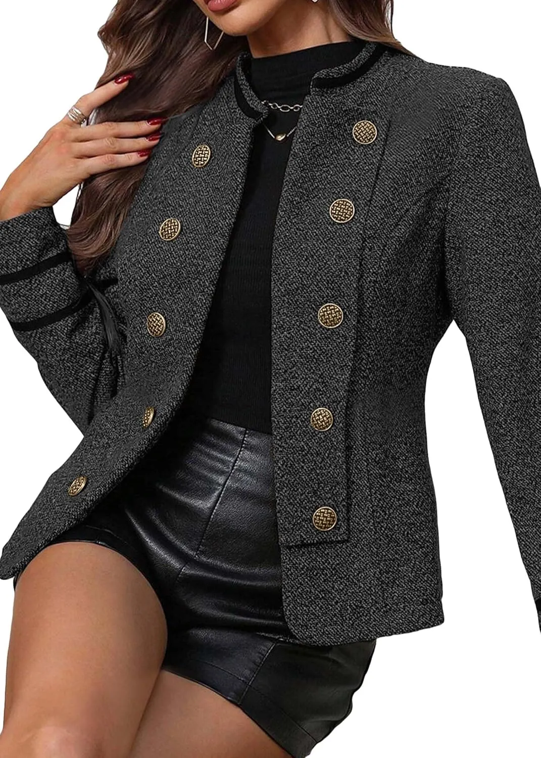 Women's 2025 Fall Winter Tweed Blazer Double Breasted Collarless Warm Elegant Crop Causal Work Office Jacket