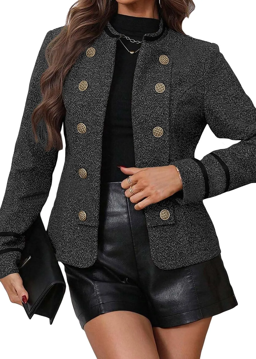 Women's 2025 Fall Winter Tweed Blazer Double Breasted Collarless Warm Elegant Crop Causal Work Office Jacket
