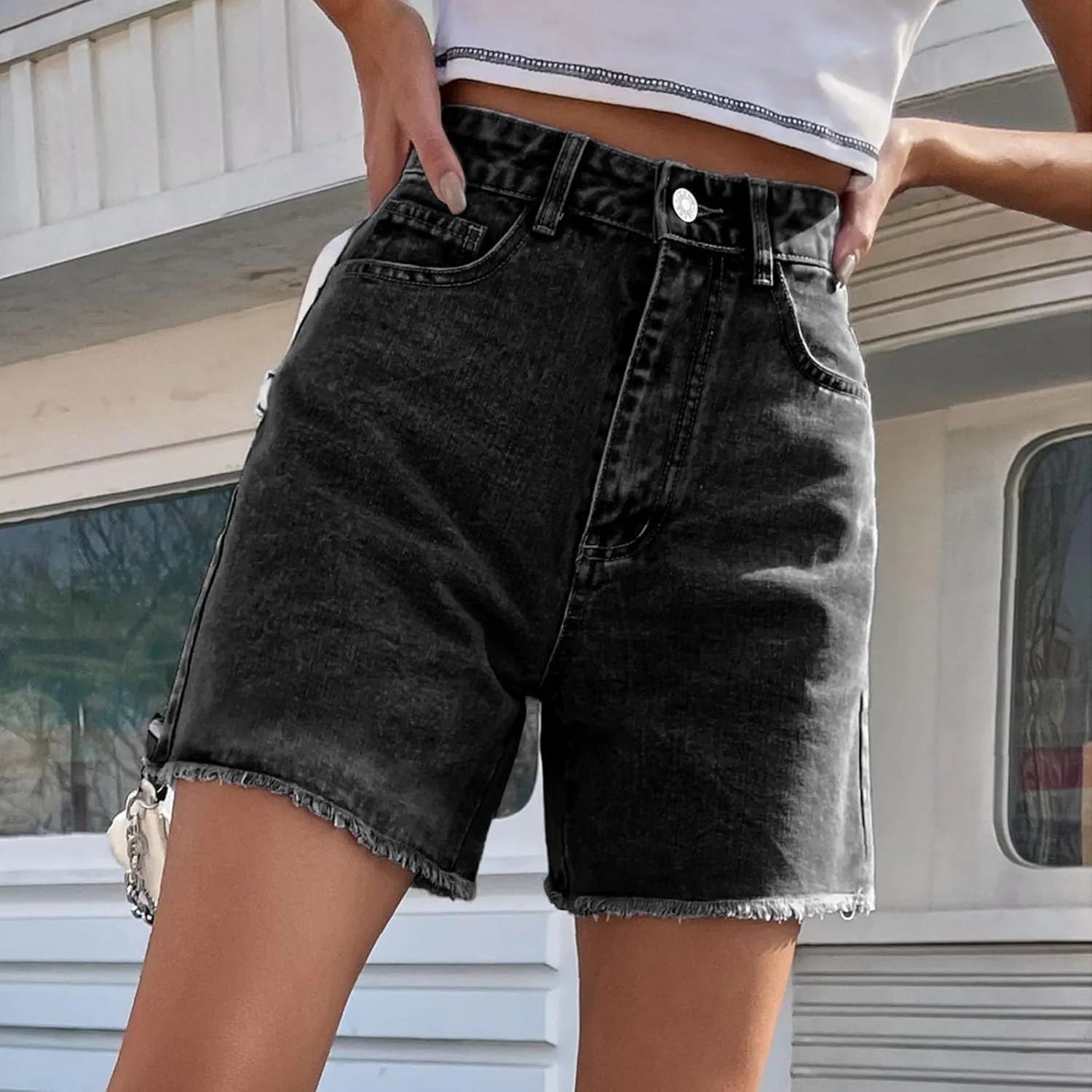 Womens Bermuda Shorts Summer Frayed Ripped Distressed Denim Shorts High Waisted Stretchy Pull on Jeans Short w/Pocket