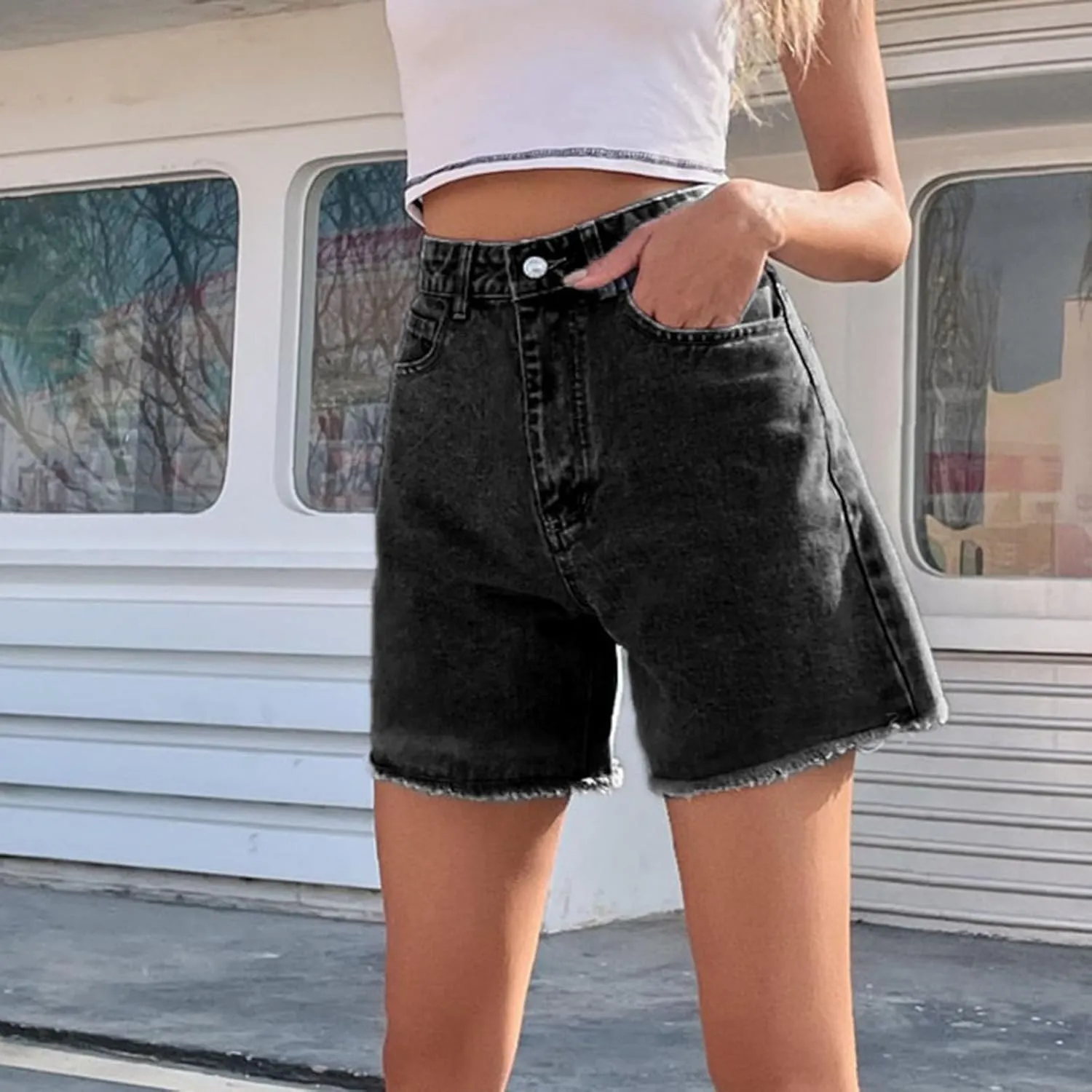 Womens Bermuda Shorts Summer Frayed Ripped Distressed Denim Shorts High Waisted Stretchy Pull on Jeans Short w/Pocket