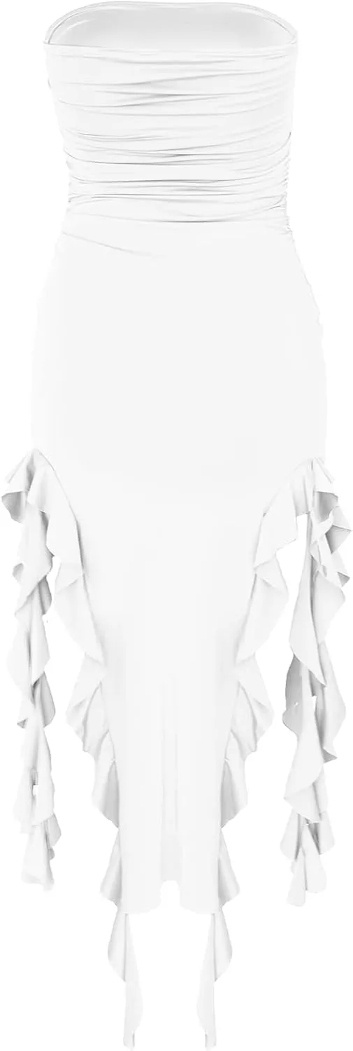 Women’s Bodycon Tube Dress Sexy Strapless Y2K Ruffle Trim Irregular Floral Tassel Split Ruched Club Night Party Midi Dress