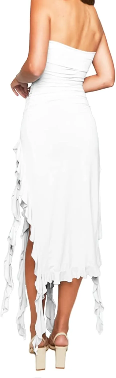 Women’s Bodycon Tube Dress Sexy Strapless Y2K Ruffle Trim Irregular Floral Tassel Split Ruched Club Night Party Midi Dress