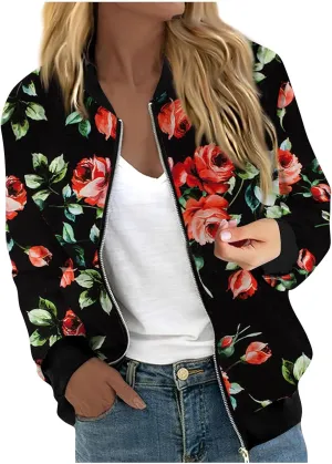 Women's Casual Bomber Jacket Lightweight Windbreaker Jackets Long Sleeve Windproof Spring Fall Jackets with Pockets