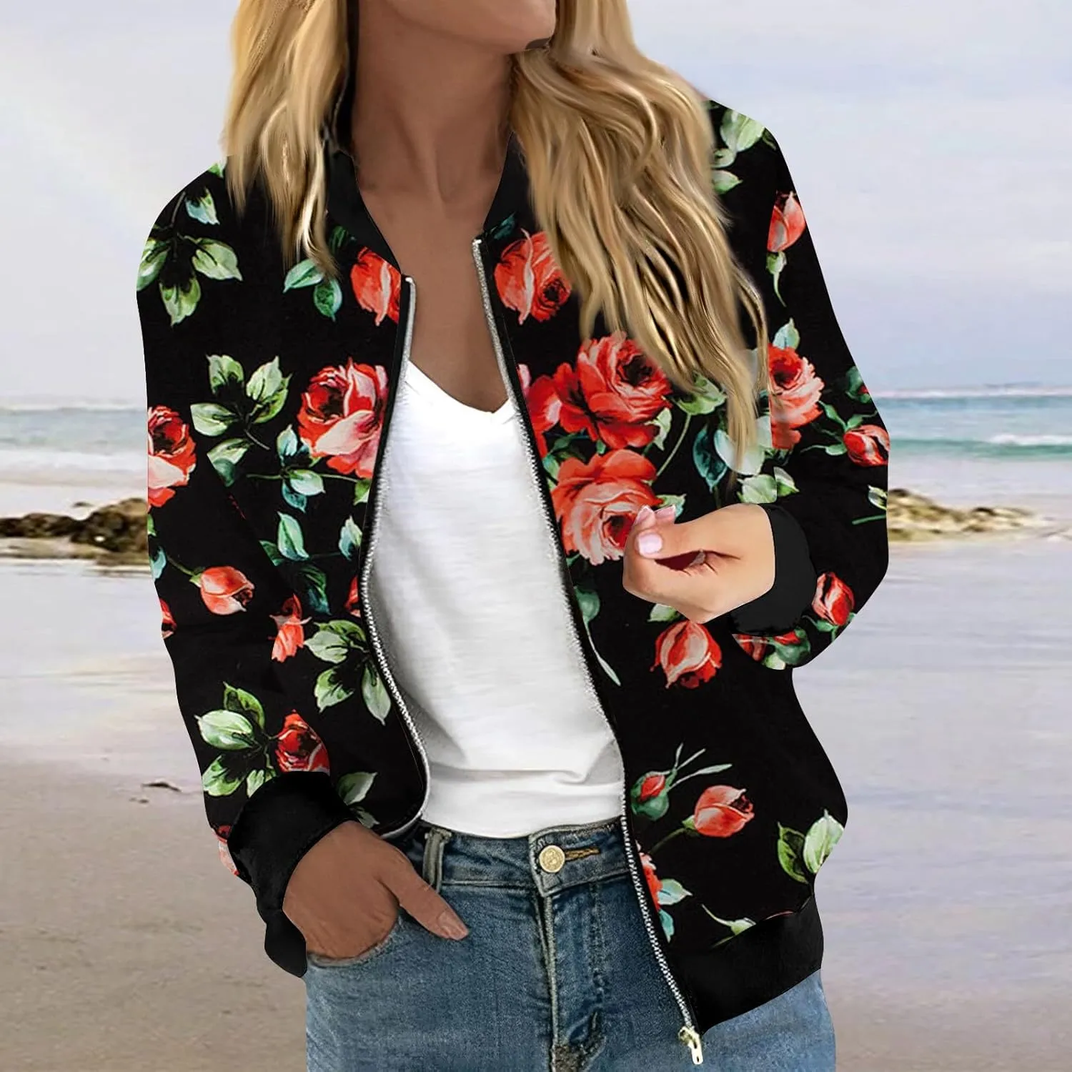 Women's Casual Bomber Jacket Lightweight Windbreaker Jackets Long Sleeve Windproof Spring Fall Jackets with Pockets