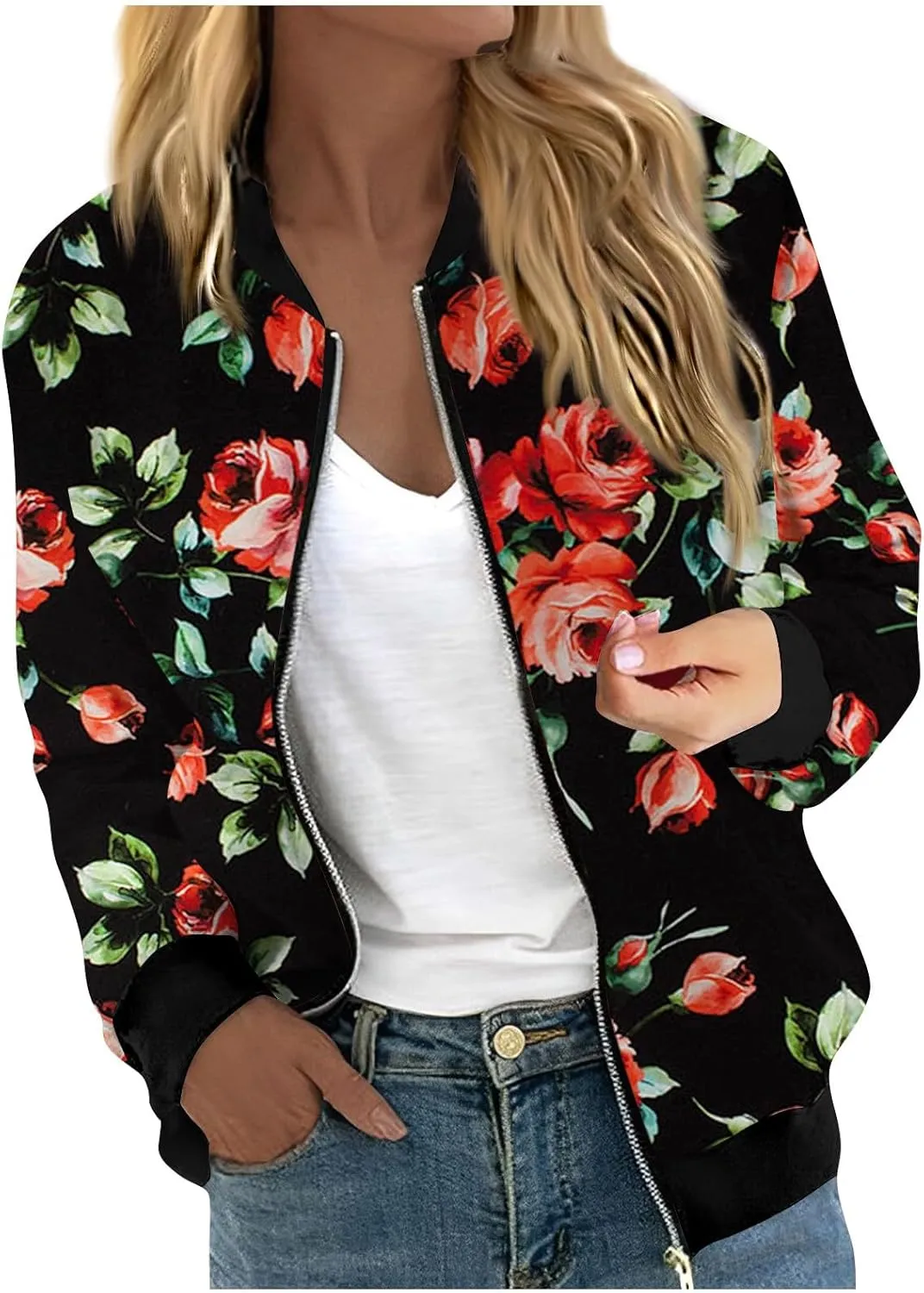 Women's Casual Bomber Jacket Lightweight Windbreaker Jackets Long Sleeve Windproof Spring Fall Jackets with Pockets