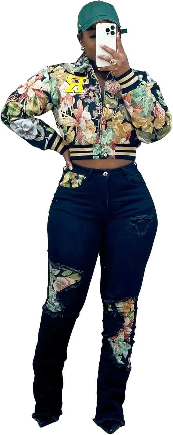 Women's Cropped Floral Print Bomber Jacket Casual Button Down Coats Outerwears