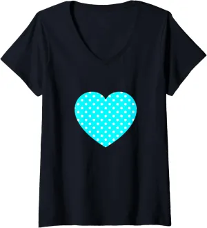Womens Cute Cyan and White Polka Dot Pattern Minimalist Graphic V-Neck T-Shirt