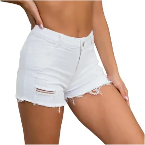 Women's Denim Shorts Mid Rise Ripped Distressed Jean Shorts Cut Off Stretchy Jeans Frayed Raw Hem Casual Short Pants