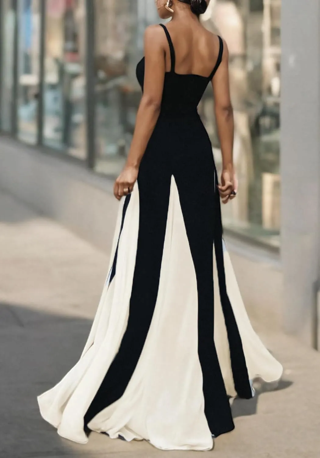Womens Elegant Sleeveless Color Block Pleated Maxi Dress Patchwork Swing Formal Party Prom Flowy Long Dress