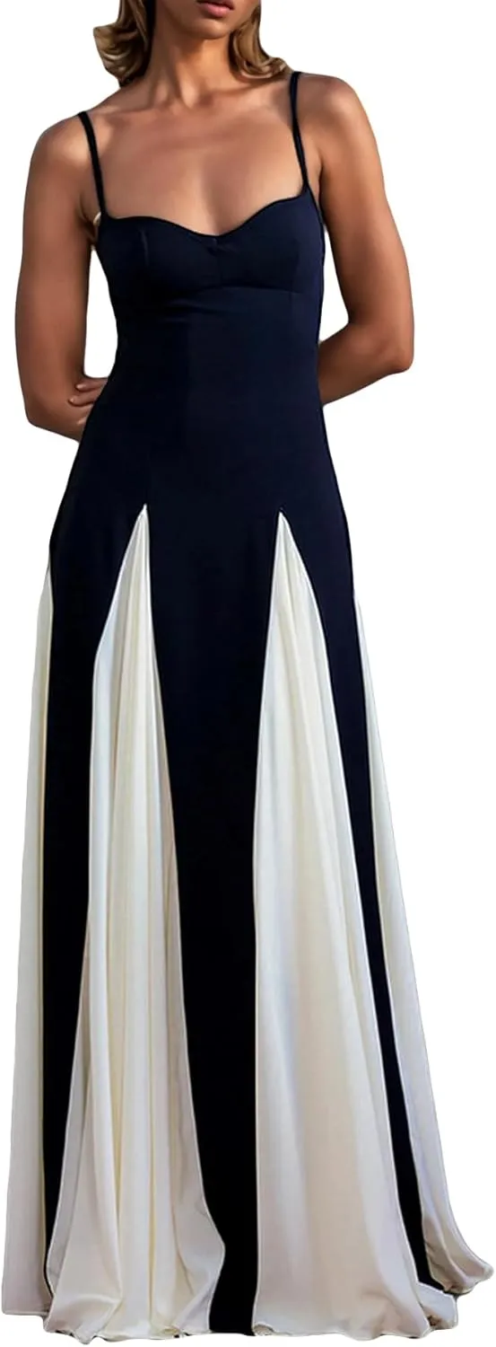 Womens Elegant Sleeveless Color Block Pleated Maxi Dress Patchwork Swing Formal Party Prom Flowy Long Dress