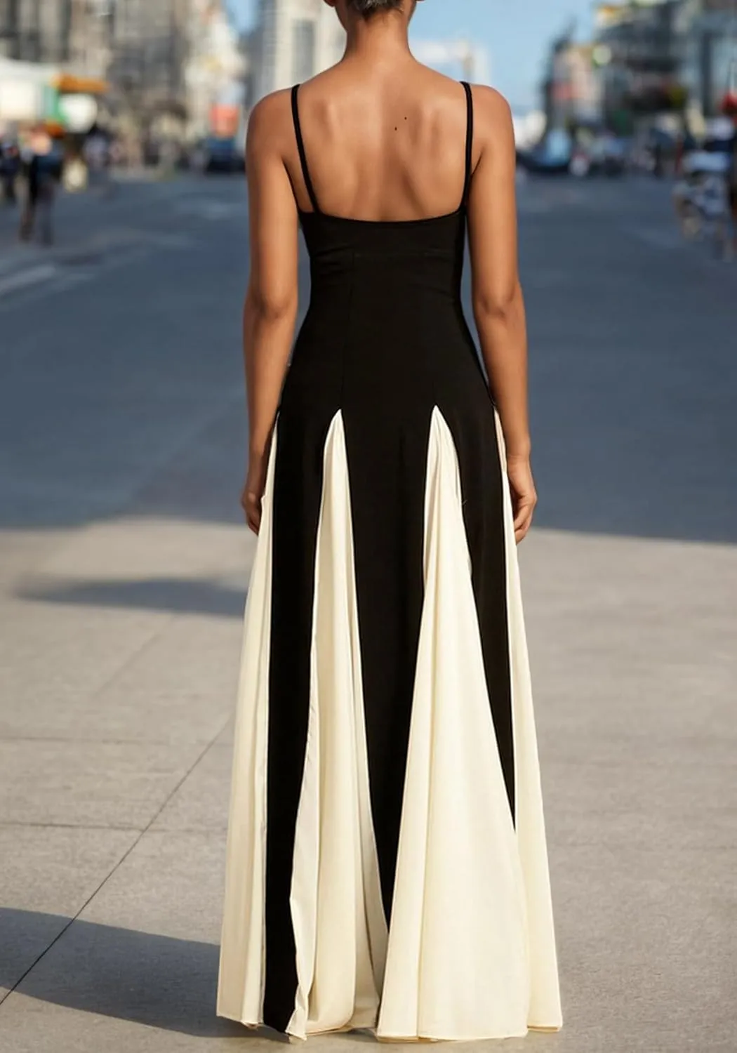Womens Elegant Sleeveless Color Block Pleated Maxi Dress Patchwork Swing Formal Party Prom Flowy Long Dress