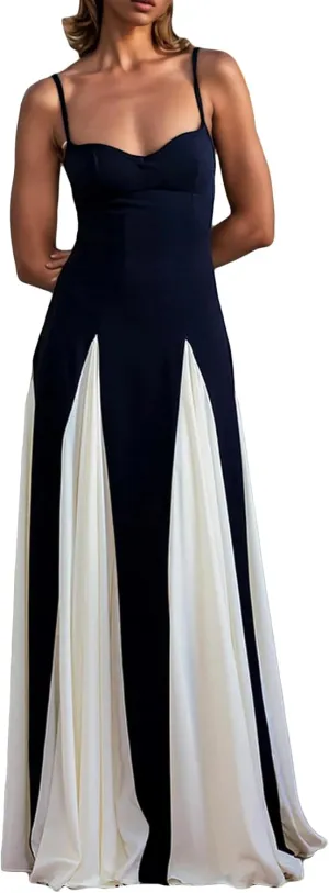 Womens Elegant Sleeveless Color Block Pleated Maxi Dress Patchwork Swing Formal Party Prom Flowy Long Dress