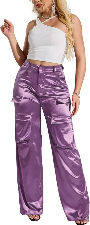 Womens High Waisted Satin Cargo Pants Loose Fit Wide Leg Trousers with Pockets Trendy Outfit