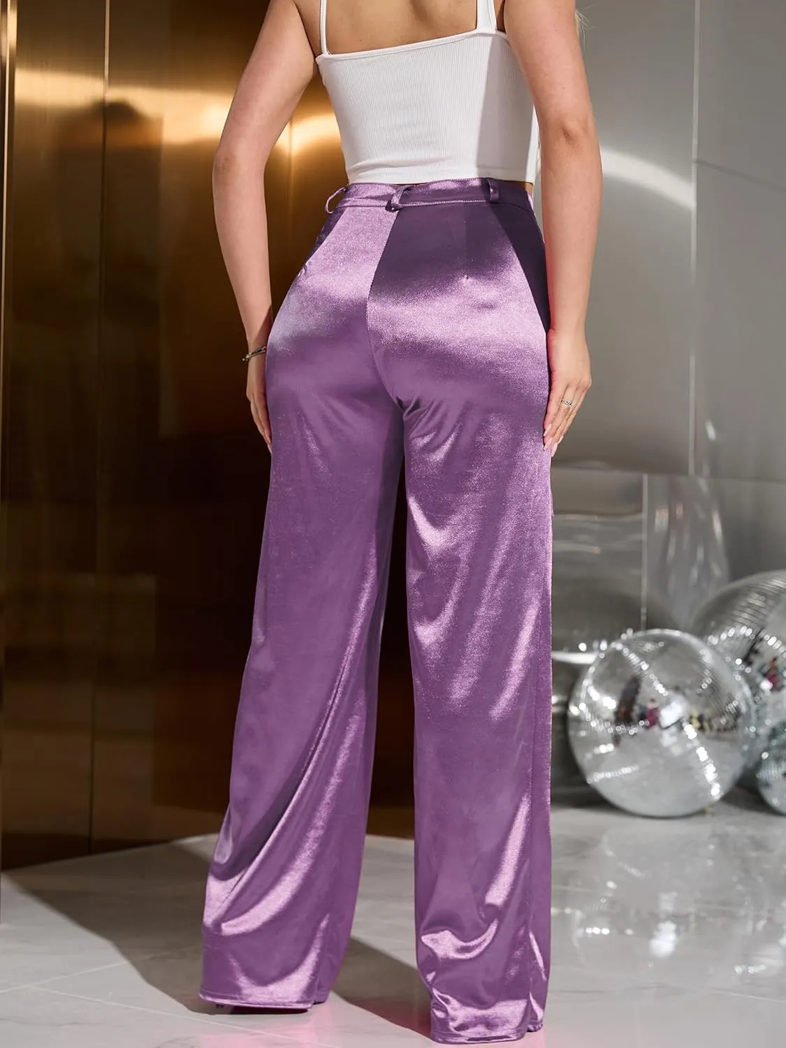 Womens High Waisted Satin Cargo Pants Loose Fit Wide Leg Trousers with Pockets Trendy Outfit