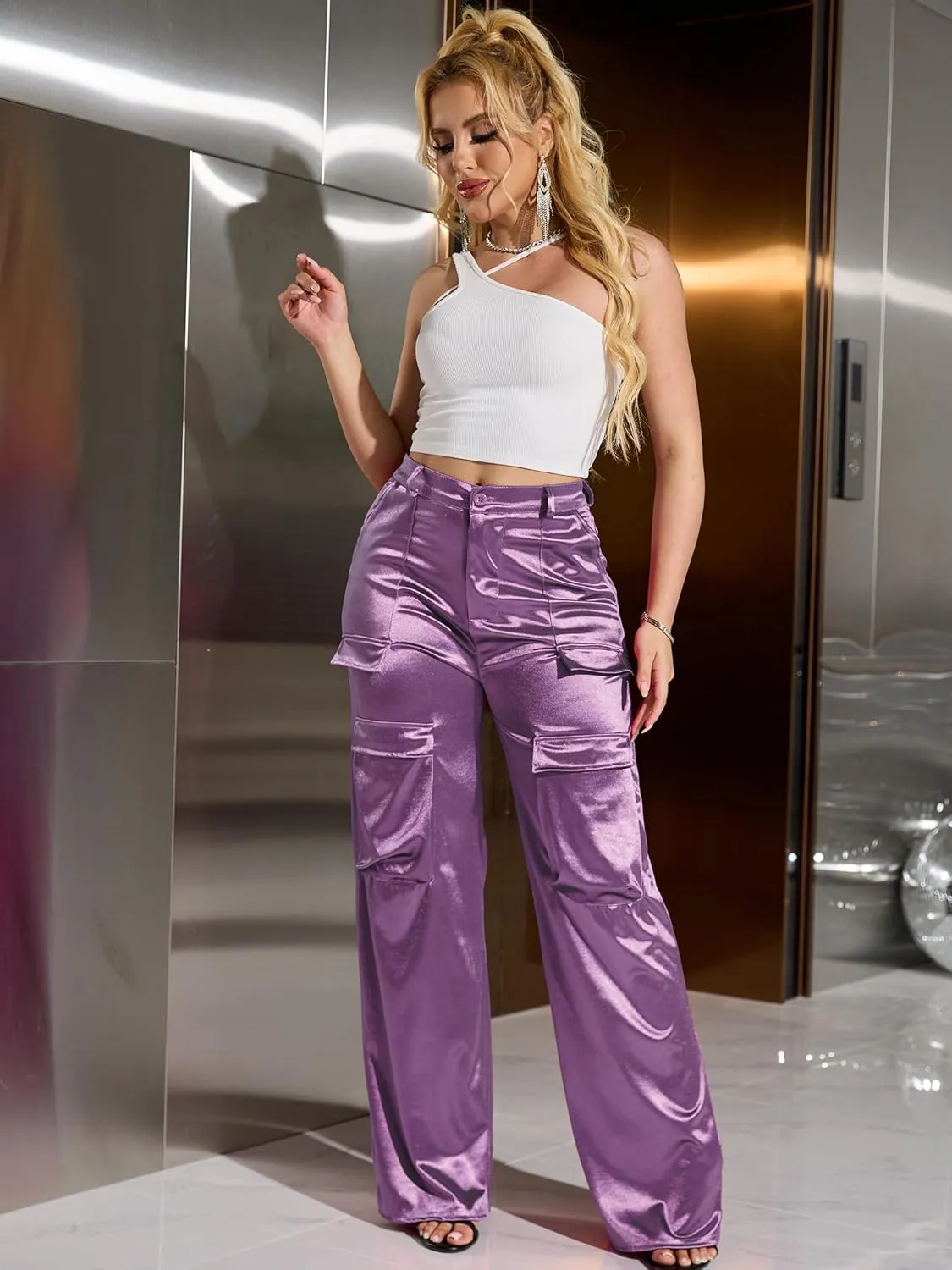 Womens High Waisted Satin Cargo Pants Loose Fit Wide Leg Trousers with Pockets Trendy Outfit