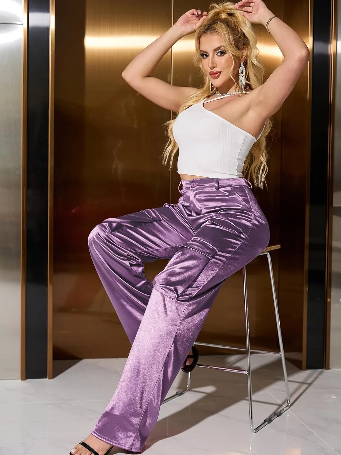 Womens High Waisted Satin Cargo Pants Loose Fit Wide Leg Trousers with Pockets Trendy Outfit