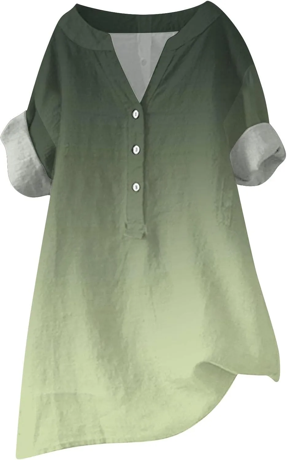 Womens Linen Button Down Shirts Loose Button Shirt Top Stand Solid Color Medium Sleeve Collar V Neck Plain Blouses