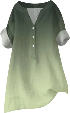 Womens Linen Button Down Shirts Loose Button Shirt Top Stand Solid Color Medium Sleeve Collar V Neck Plain Blouses