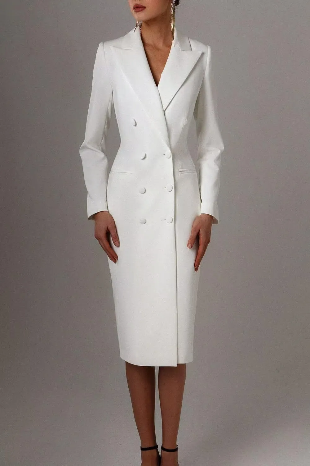 Women's Long Suit Jacket Dress Formal Business Peak Lapel Double Breasted Buttons Blazer