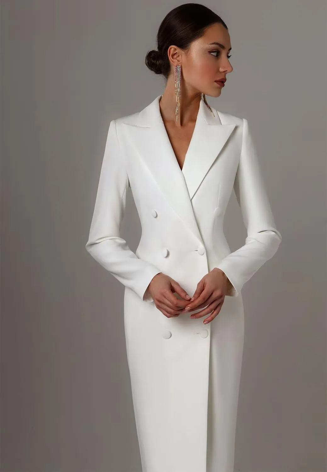 Women's Long Suit Jacket Dress Formal Business Peak Lapel Double Breasted Buttons Blazer