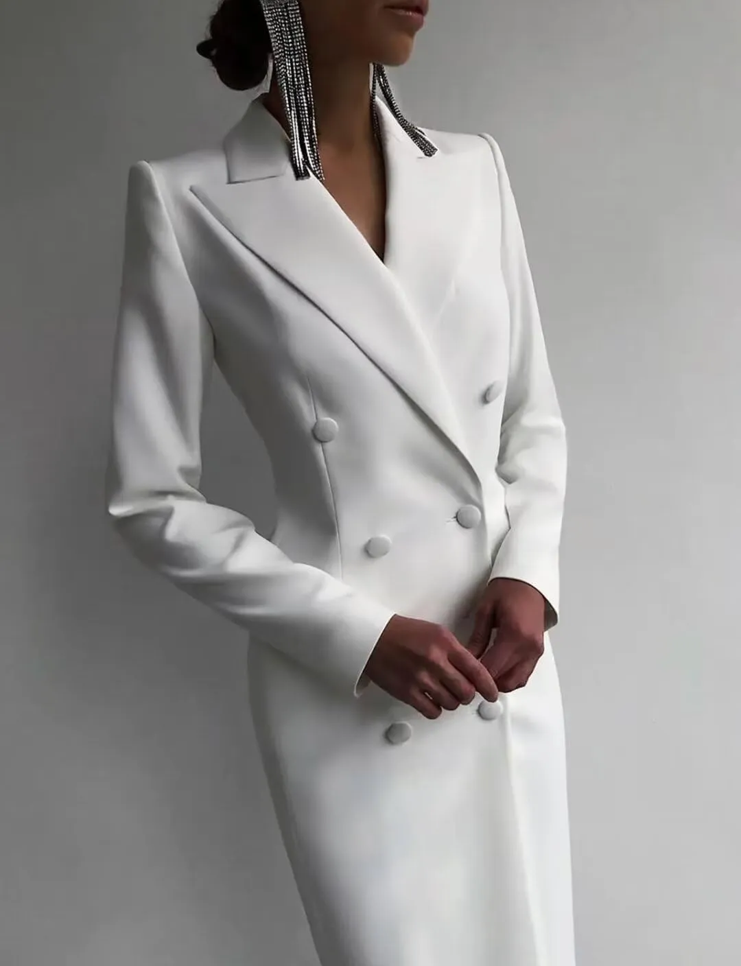 Women's Long Suit Jacket Dress Formal Business Peak Lapel Double Breasted Buttons Blazer