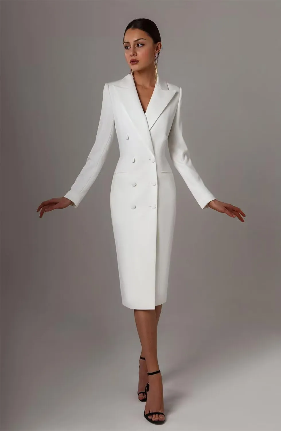 Women's Long Suit Jacket Dress Formal Business Peak Lapel Double Breasted Buttons Blazer