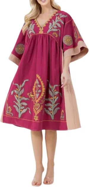 Womens Oversized Floral Embroidered Long Dress with V-Neck and 3/4 Sleeves Vintage Embroidery Babydoll Dress