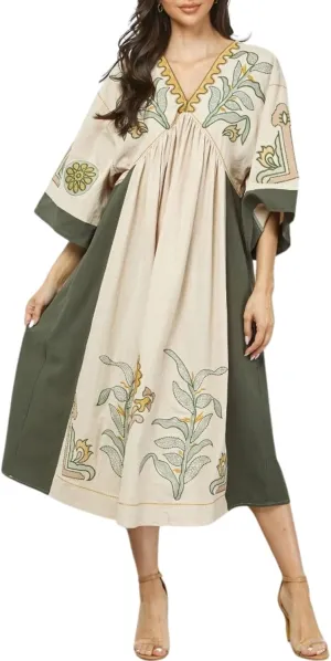 Womens Oversized Floral Embroidered Long Dress with V-Neck and 3/4 Sleeves Vintage Embroidery Babydoll Dress