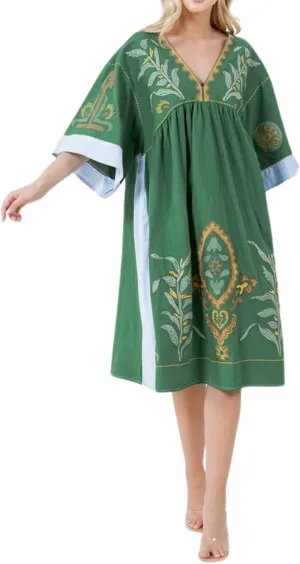Womens Oversized Floral Embroidered Long Dress with V-Neck and 3/4 Sleeves Vintage Embroidery Babydoll Dress